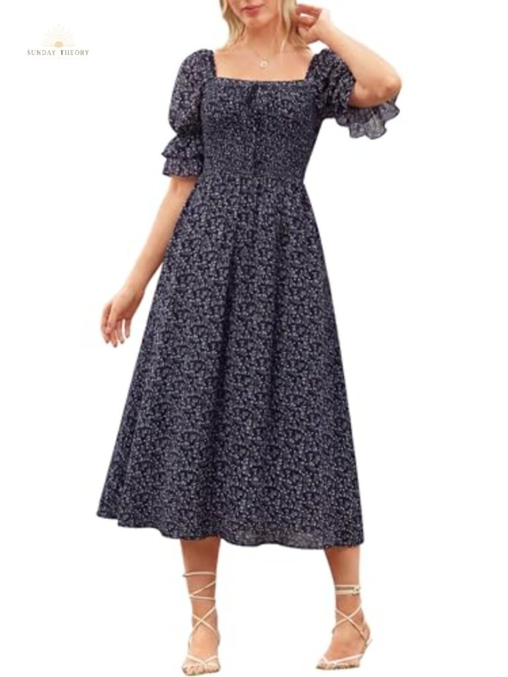 Cottagecore Floral Midi Dress Smocked Ruffled Square Neck A-Line